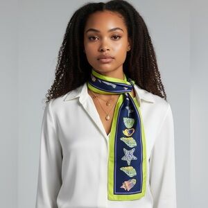 Bob Mackie Wearable Art 100% Silk Seashell Scarf Navy Lime Green Coastal Print